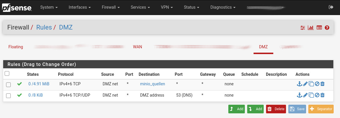 Konfiguration der pfSense Regeln auf der Firewall für die DMZ