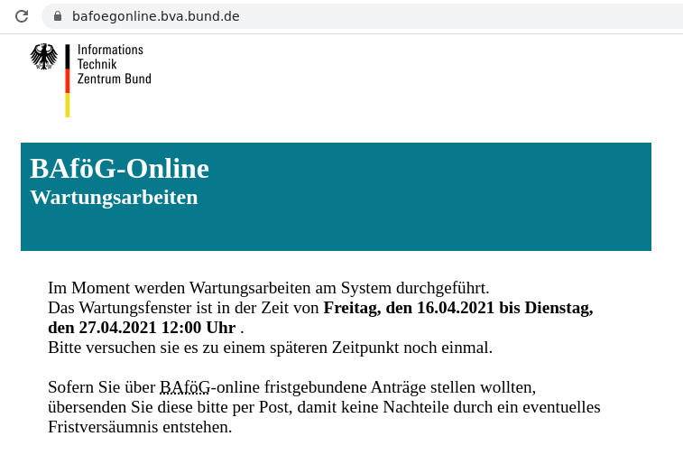 Bafög Online Wartungsfenster